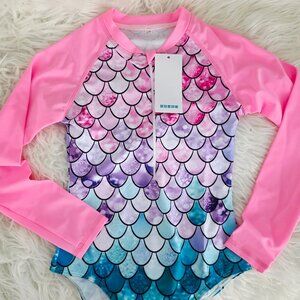 NWT Girls One-Piece Swimsuits Long Sleeve Rash Guard Zipper Front Bathing Suit